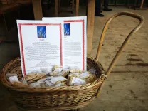 Un coș din lemn cu roți, asemănător unui cărucior, umplut cu pliante informative și mici pungi de semințe etichetate.