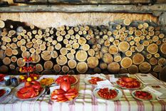 Various varieties of tomatoes on a table in front of a pile of firewood.