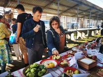 A man is eating and a woman is looking at the many fruits. They are standing at a table with many apples and jars. Other people are also there.