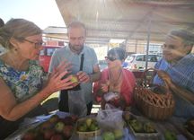 Four people at a market stall looking at and discussing apples. On the table in front of them are different varieties of apples.