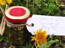 Egy üveg pitypangos kapribogyó, rajta a "Caperucitas de diente de león" felirat egy sárga pitypangvirág mellett.