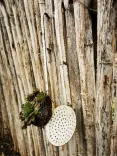 Vertical wooden wall with attached white screen and a small bundle of moss.
